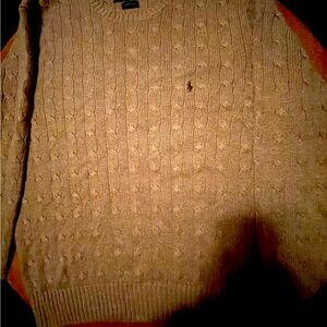 Tan beige crew neck quilted 100% silk sweater with brown pony